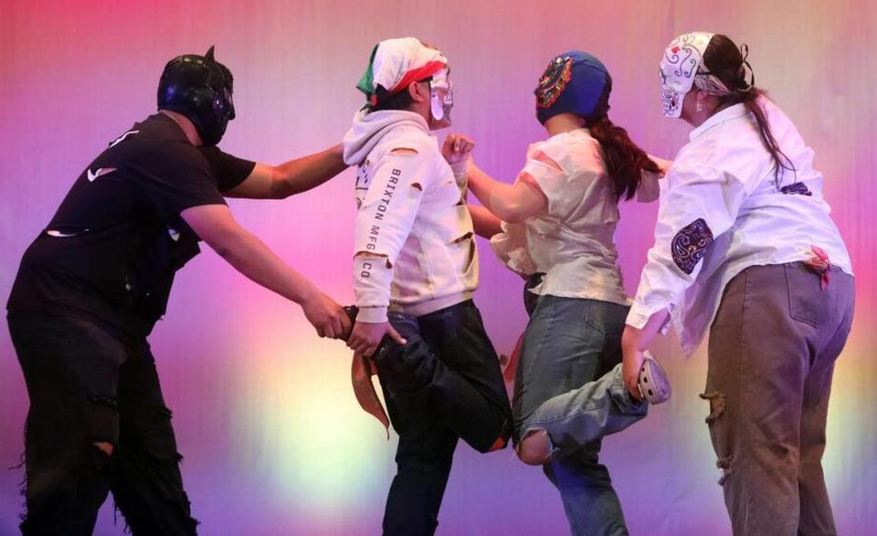 Angelina Herbert and colleagues perform ‘Danza de Flashicos’ from Querétaro during the 25th anniversary celebration of Central East Danzantes de Tláloc on May 26, 2023.