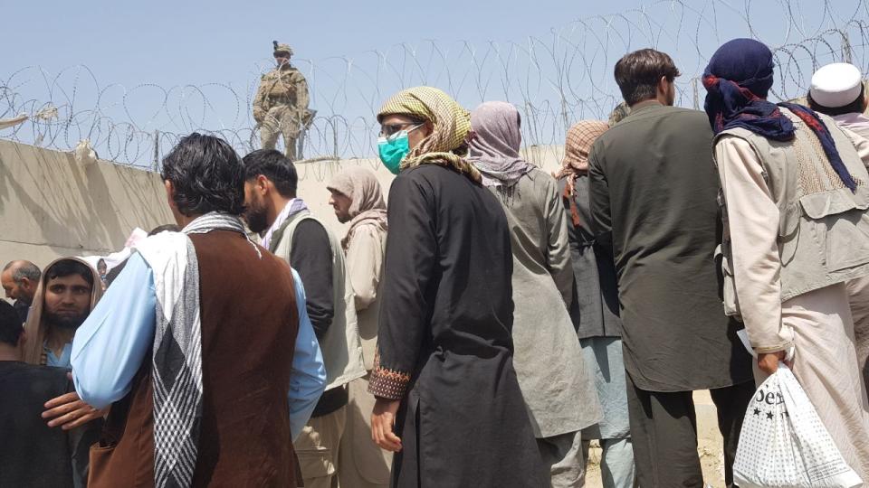 KABUL, AFGHANISTAN - AUGUST 23: People who want to flee the country continue to wait around Hamid Karzai International Airport in Kabul, Afghanistan on August 23, 2021. (Photo by Sayed Khodaiberdi Sadat/Anadolu Agency via Getty Images)