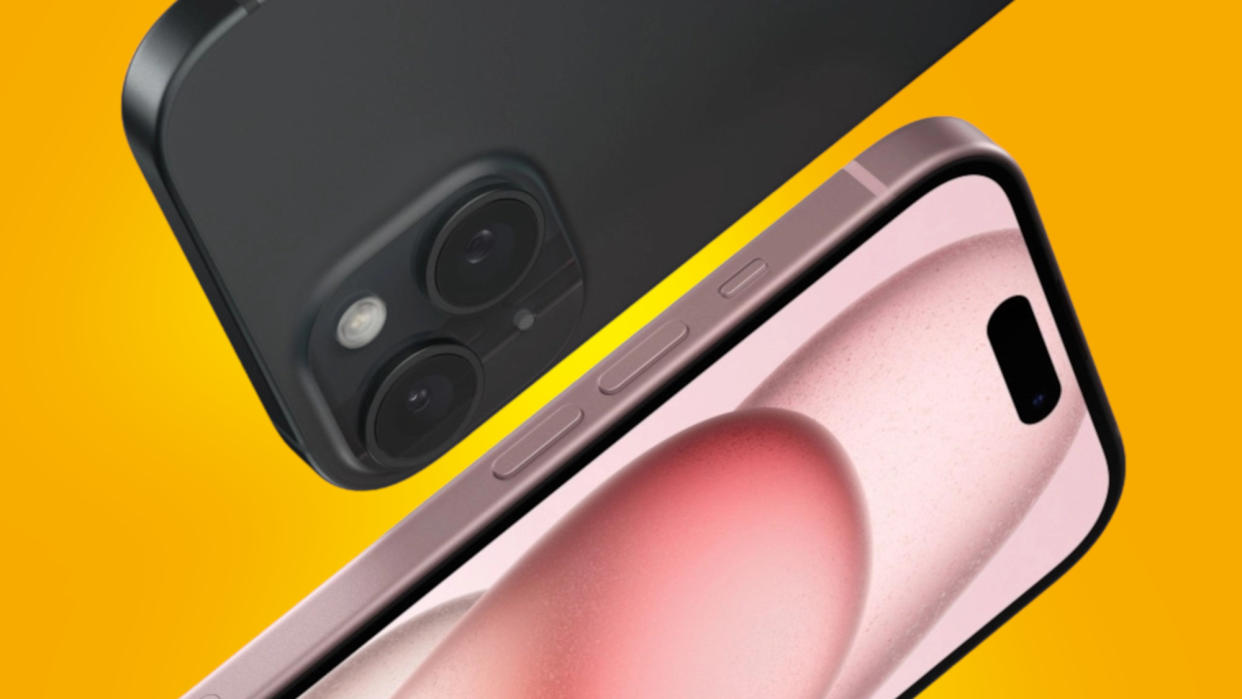  IPhone 15 Plus on a yellow background. 