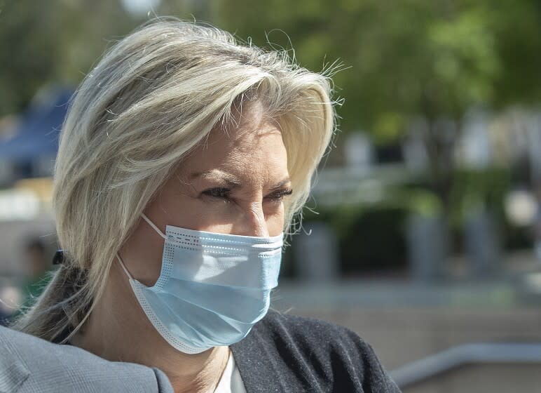 VAN NUYS, CA-APRIL 25, 2022: Rebecca Grossman, co-founder of the Grossman Burn Foundation, arrives at Van Nuys Courthouse for her preliminary hearing. Grossman is charged with murder and other counts stemming from a crash in Westlake Village that left two young brothers dead. (Mel Melcon / Los Angeles Times)