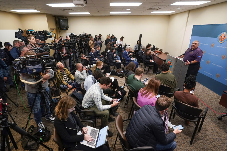 FILE - Clark County Registrar of Voters Joe Gloria, right, speaks at a news conference at the Clark County Election Department, Nov. 9, 2022, in Las Vegas. During the 2020 election and this year’s midterms, Gloria became the face of Nevada’s lengthy vote-counting process that allows for mailed ballots to be counted if they are postmarked on Election Day and received by an elections office within four days. (AP Photo/Gregory Bull, File)