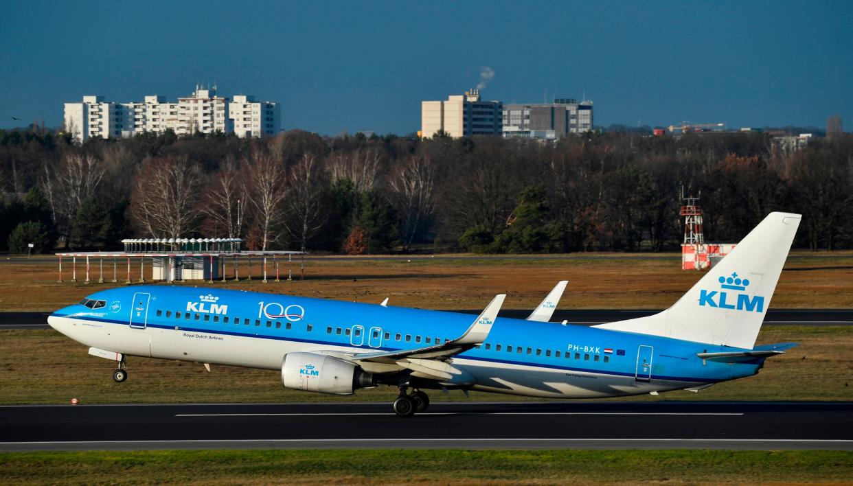 A Boeing 737-800 aircraft operated by Dutch flag-carrier KLM takes off from Tegel airport in Berlin on December 29, 2019.