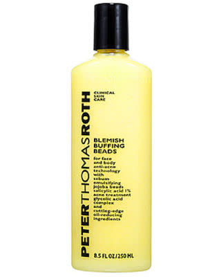 <p><strong>Blemish Buffing Beads </strong></p><p><span>Peter Thomas Roth's scrub is good for both your face and body. The beads work as an exfoliator, and are great for combating blemishes. </span></p><p><strong><em>SHOP: $38, <a rel="nofollow noopener" href="http://www.sephora.com/blemish-buffing-beads-for-face-body-P186207" target="_blank" data-ylk="slk:sephora.com;elm:context_link;itc:0;sec:content-canvas" class="link ">sephora.com</a></em></strong></p>