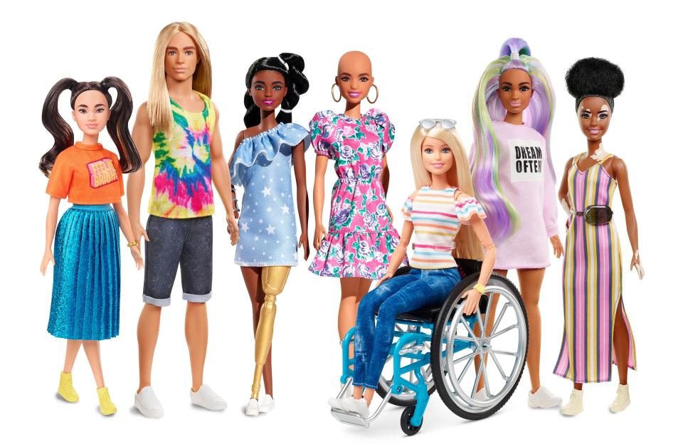 The range featured dolls with no hair, vitiligo, wheelchairs, a prosthetic limb, afro hair, and more. (Mattel)