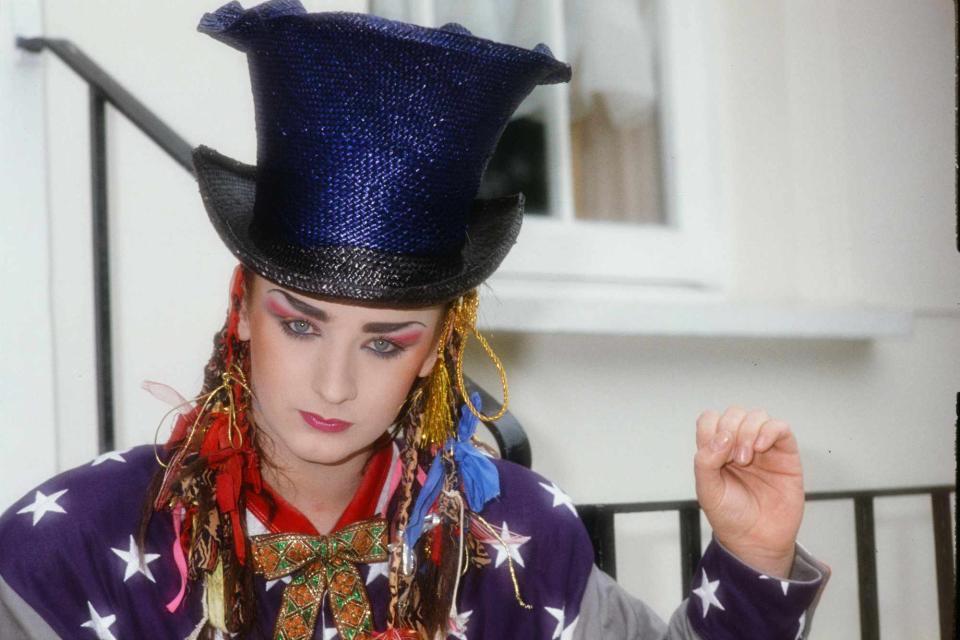 <p>Koh Hasebe/Shinko Music/Getty</p> Boy George in London in 1983