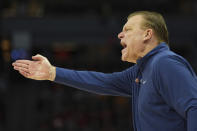 Illinois head coach Brad Underwood yells during the first half of an NCAA college basketball game against Wisconsin in the championship of the Big Ten Conference tournament, Sunday, March 17, 2024, in Minneapolis. (AP Photo/Abbie Parr)