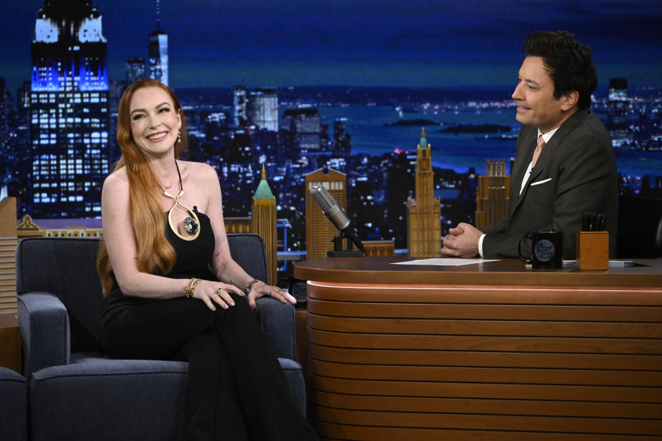 THE TONIGHT SHOW STARRING JIMMY FALLON -- Episode 1932 -- Pictured: (l-r) Actress Lindsay Lohan during an interview with host Jimmy Fallon on Monday, March 4, 2024 -- (Photo by: Todd Owyoung/NBC via Getty Images)