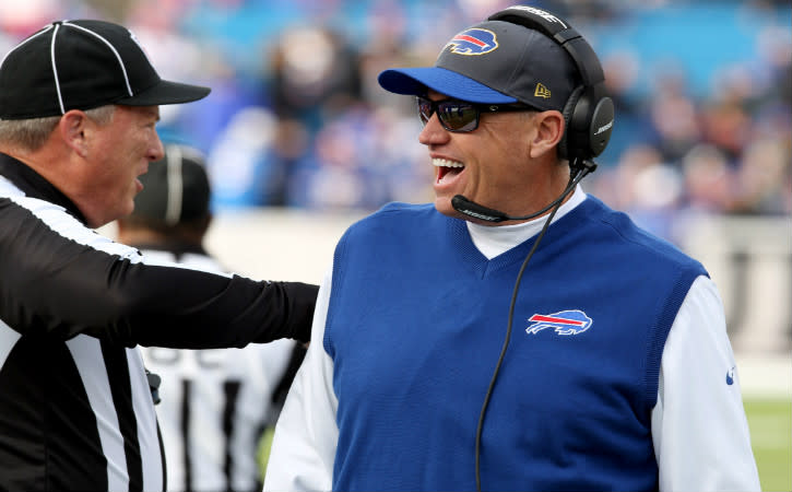 Dec 6, 2015; Orchard Park, NY, USA; Buffalo Bills head coach Rex Ryan talks with a official before a game against the Houston Texans at Ralph Wilson Stadium. Mandatory Credit: Timothy T. Ludwig-USA TODAY Sports