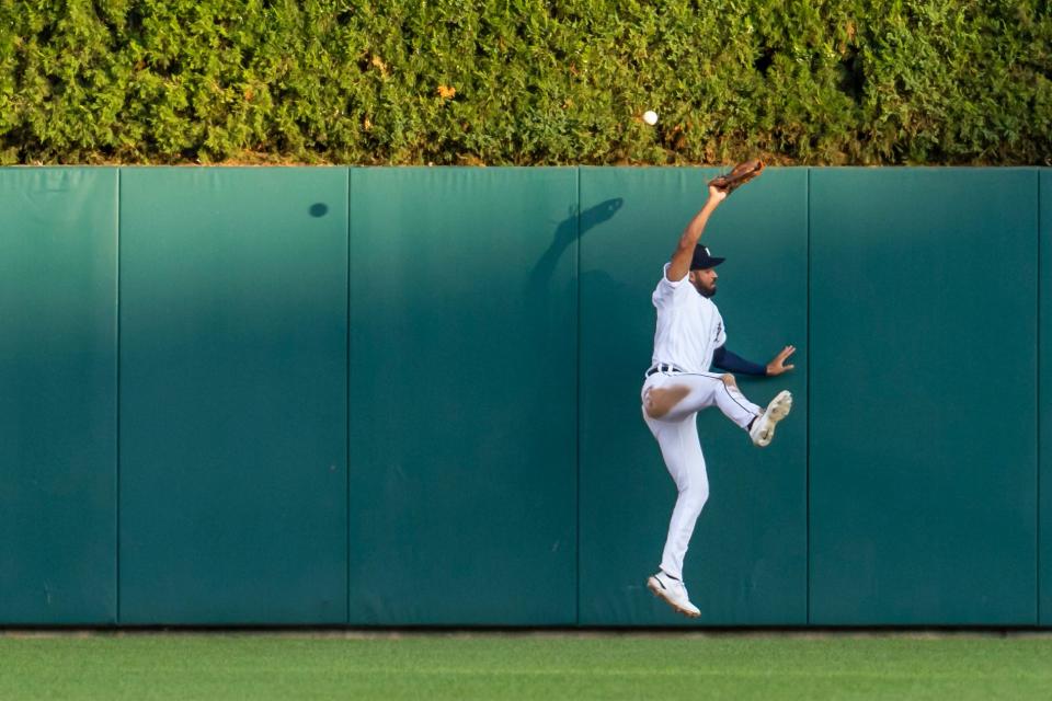 Tigers center fielder Riley Greene was unable to make a catch on a fly ball from Padres designated hitter Luke Voit during the third inning on Tuesday, July 26, 2022, at Comerica Park.