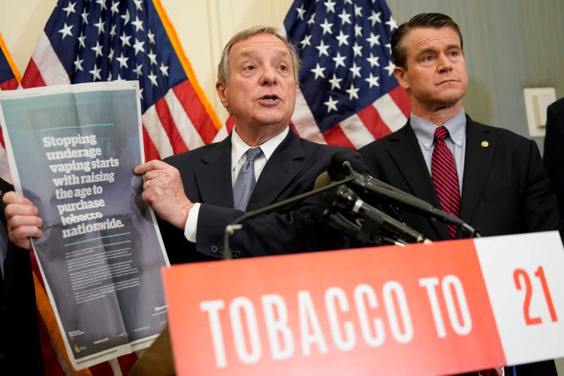 FILE PHOTO: Sen. Dick Durbin (D-IL) speaks at a news conference about the Tobacco to 21 Act, which would raise the minimum age to buy tobacco products and e-cigarettes to 21, on Capitol Hill