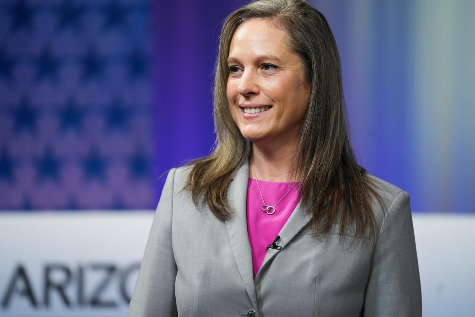 Rep. Shawnna Bolick does a camera check before a debate between candidates for the GOP nomination for Arizona secretary of state at Channel 8 studios on  June 15, 2022, in Phoenix.