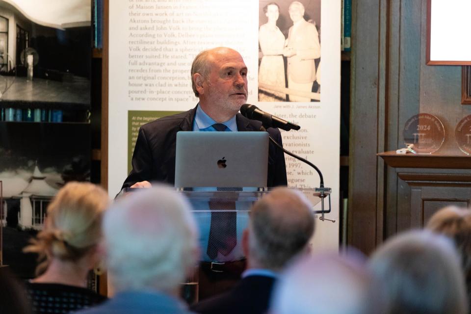 Architect Richard Sammons of Fairfax, Sammons & Partners speaks about the design of a Palm Beach house at 726 Hi Mount Road during the April 12 presentation of the Elizabeth L. and John H. Schuler Award for architecture at the Preservation Foundation of Palm Beach.