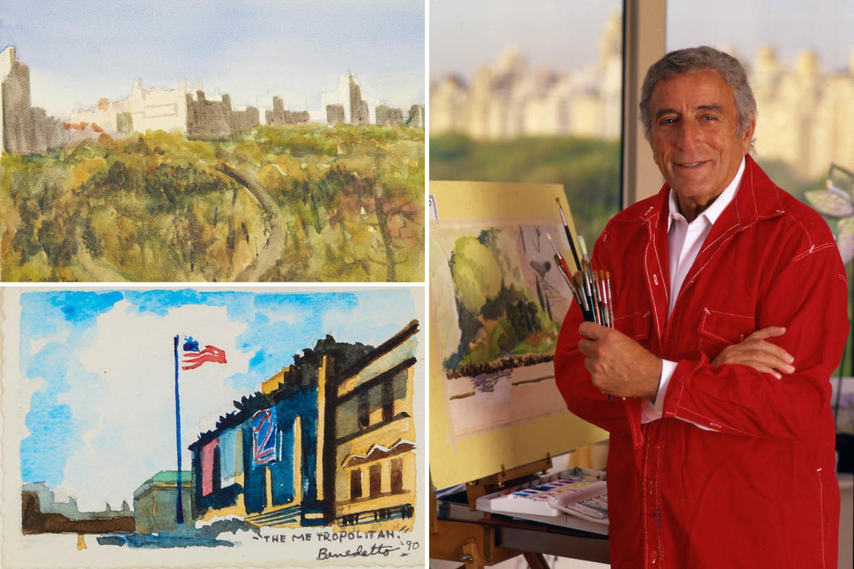 A composite photo: From the left, a watercolor painting of Tony Bennett; Bennett in his Central Park West penthouse apartment, and his painting of the Metropolitan