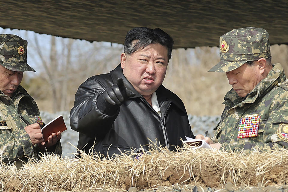 FILE - In this photo provided by the North Korean government, North Korean leader Kim Jong Un, center, supervises artillery firing drills in North Korea Thursday, March 7, 2024. Independent journalists were not given access to cover the event depicted in this image distributed by the North Korean government. The content of this image is as provided and cannot be independently verified. Korean language watermark on image as provided by source reads: "KCNA" which is the abbreviation for Korean Central News Agency. (Korean Central News Agency/Korea News Service via AP, File)