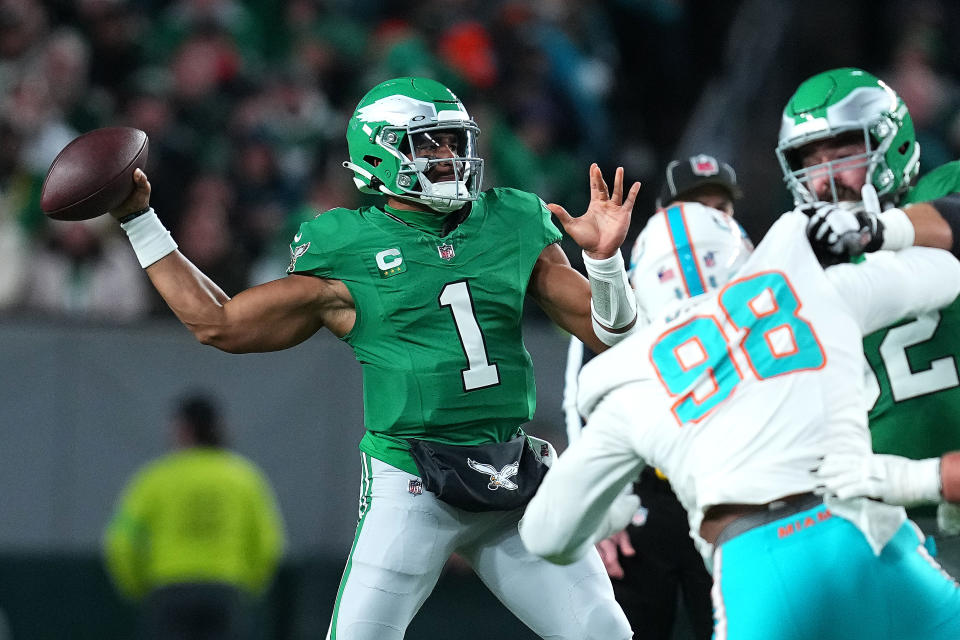 Jalen Hurts did an effective job of selling a roughing the passer penalty. (Mitchell Leff/Getty Images)