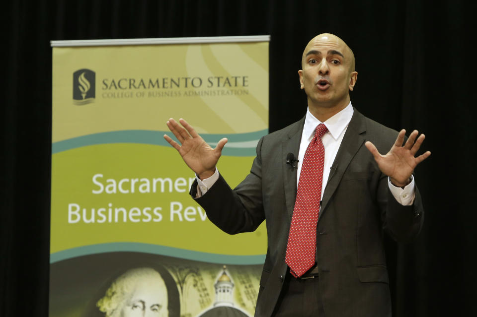 Neel Kashkari, a former U.S. Treasury official, announced that he would run for governor of California while giving the keynote speech at the Sacramento Business Review at California State University, Sacramento, Tuesday, Jan. 21, 2014, in Sacramento, Calif. Kashkari, a political newcomer and Republican, faces long odds against incumbent Gov. Jerry Brown. (AP Photo/Rich Pedroncelli)