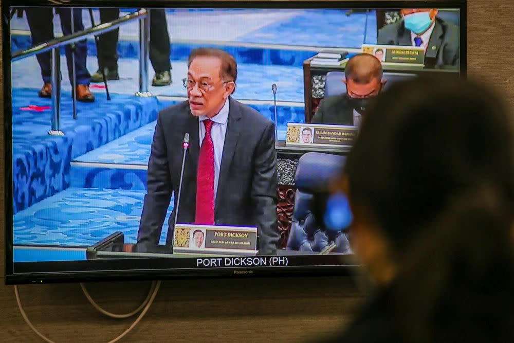 Opposition leader Datuk Seri Anwar Ibrahim delivers his speech during the second meeting of the third session of the 14th Parliament during a live broadcast in Kuala Lumpur July 13, 2020. — Picture by Hari Anggara