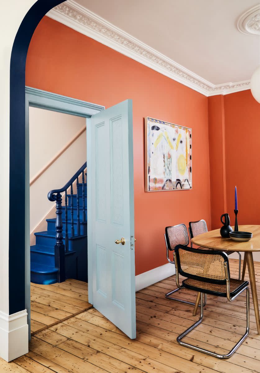 <p>Further proof that dopamine dressing is a practice in contrasts. This fabulous dining room creates a palette from totally disparate colours, and accents with a totally unexpected black. </p><p>Pictured: <a href="https://mylands.com/products/coral-orange" rel="nofollow noopener" target="_blank" data-ylk="slk:Walls painted in Coral Orange at Mylands;elm:context_link;itc:0;sec:content-canvas" class="link ">Walls painted in Coral Orange at Mylands</a></p><p><strong><strong>Follow House Beautiful on </strong><a href="https://www.tiktok.com/@housebeautifuluk" rel="nofollow noopener" target="_blank" data-ylk="slk:TikTok;elm:context_link;itc:0;sec:content-canvas" class="link "><strong>TikTok</strong></a><strong> and </strong><a href="https://www.instagram.com/housebeautifuluk/" rel="nofollow noopener" target="_blank" data-ylk="slk:Instagram;elm:context_link;itc:0;sec:content-canvas" class="link "><strong>Instagram</strong></a><strong>.</strong></strong></p>