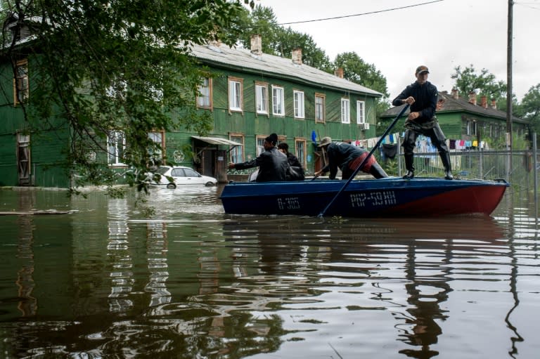 A flooded street in the village of Bolshoi Ussuriysky in Russia's Far Eastern Amur region