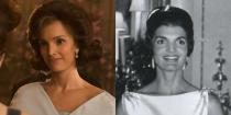 <p>What’s it like to have dinner at Buckingham Palace when you’re practically royalty yourself? If only we could ask Jackie O, who visited Queen Elizabeth II for dinner at Buckingham Palace with JFK shortly after his inauguration in 1961. On <em>The Crown</em>, Jackie O is played by South African actress Jodi Balfour.</p>