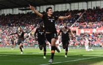 Britain Soccer Football - Stoke City v Hull City - Premier League - bet365 Stadium - 15/4/17 Hull City's Harry Maguire celebrates scoring their first goal with team mates Reuters / Anthony Devlin Livepic