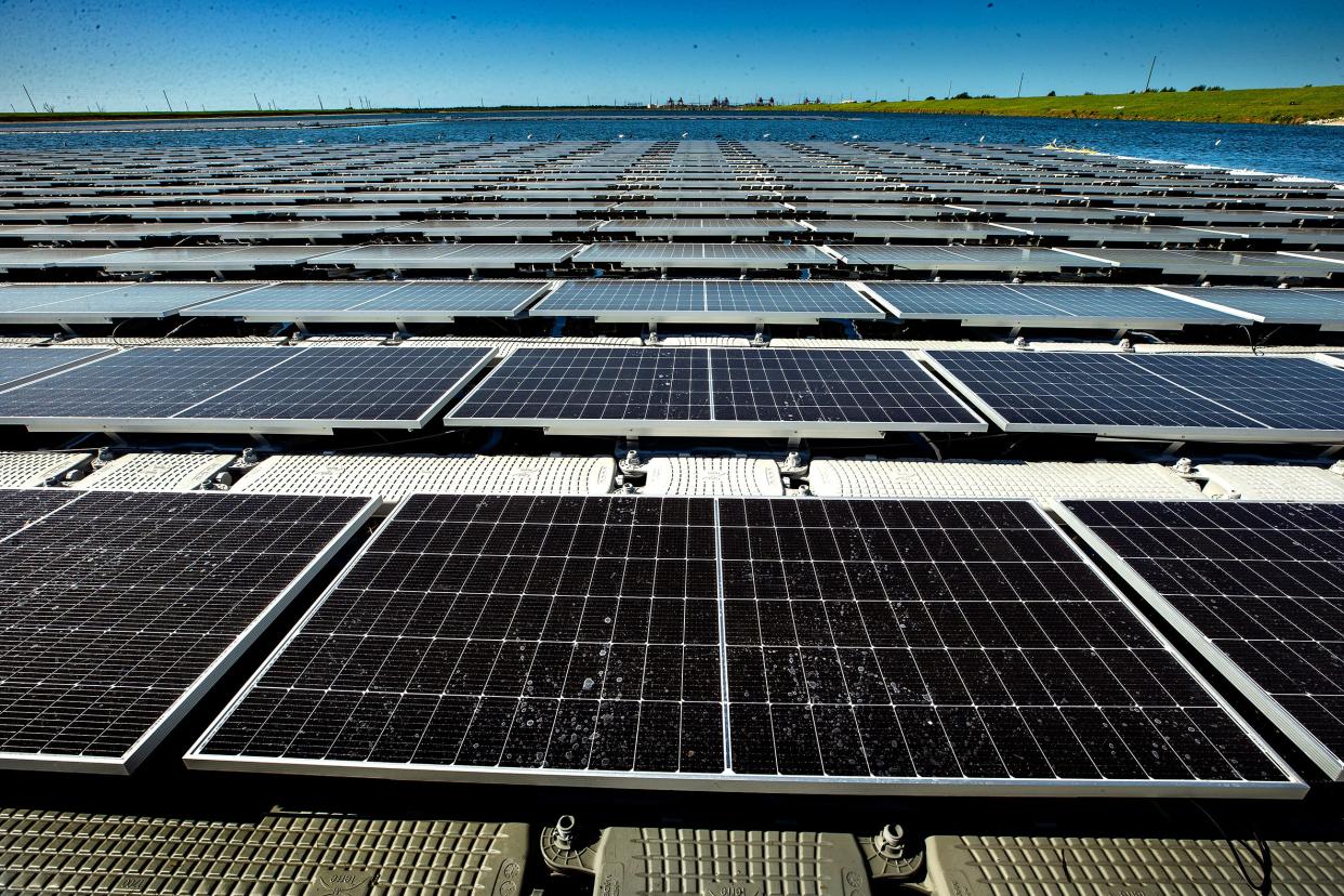 Duke Energy has started construction on 1,872 floating solar panels covering two acres of a cooling pond at the company's Hines Energy Complex in Bartow. It's a pilot project designed to test whether floating solar arrays are more efficient.