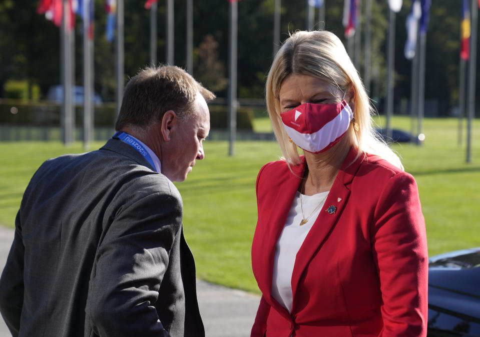 Austria's Defense Minister Klaudia Tanner arrives for a meeting of EU defense ministers at the Brdo Congress Center in Kranj, Slovenia, Thursday, Sept. 2, 2021. (AP Photo/Darko Bandic)