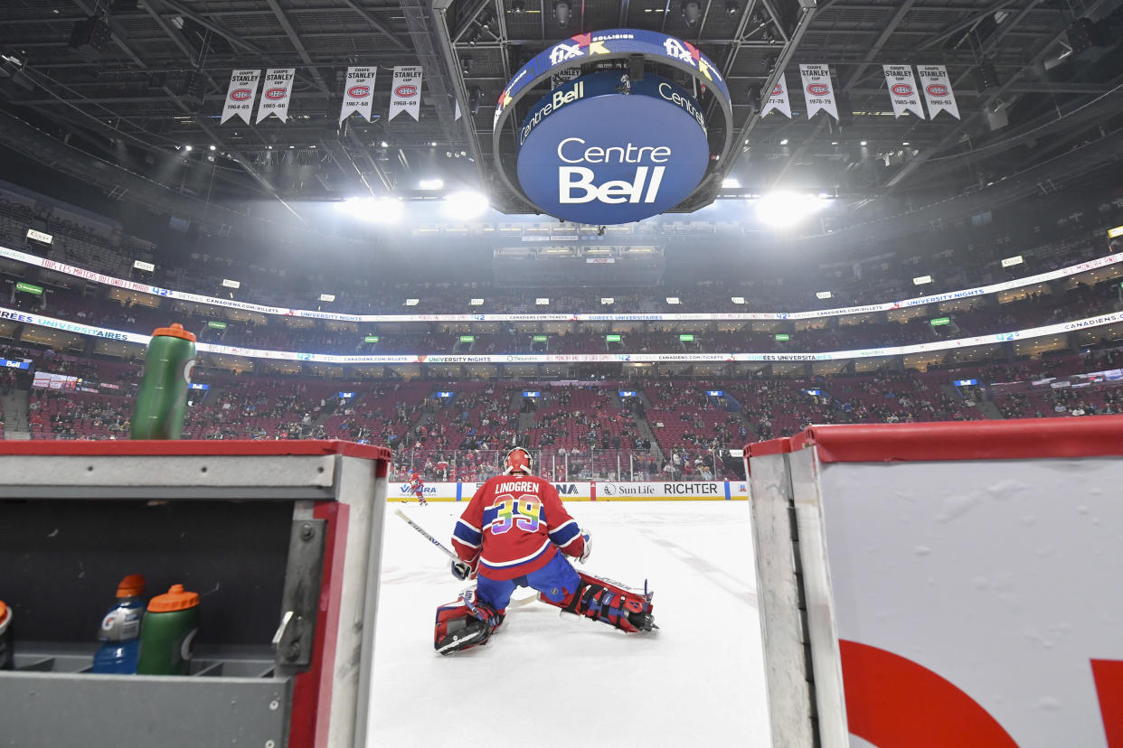 MONTREAL, QC - FEBRUARY 25: Montreal Canadiens' players wear rainbow-colored jerseys for the 'Hockey is for Everyone Night' prior to the NHL game against the Vancouver Canucks at the Bell Centre on February 25, 2020 in Montreal, Quebec, Canada. (Photo by Francois Lacasse/NHLI via Getty Images)