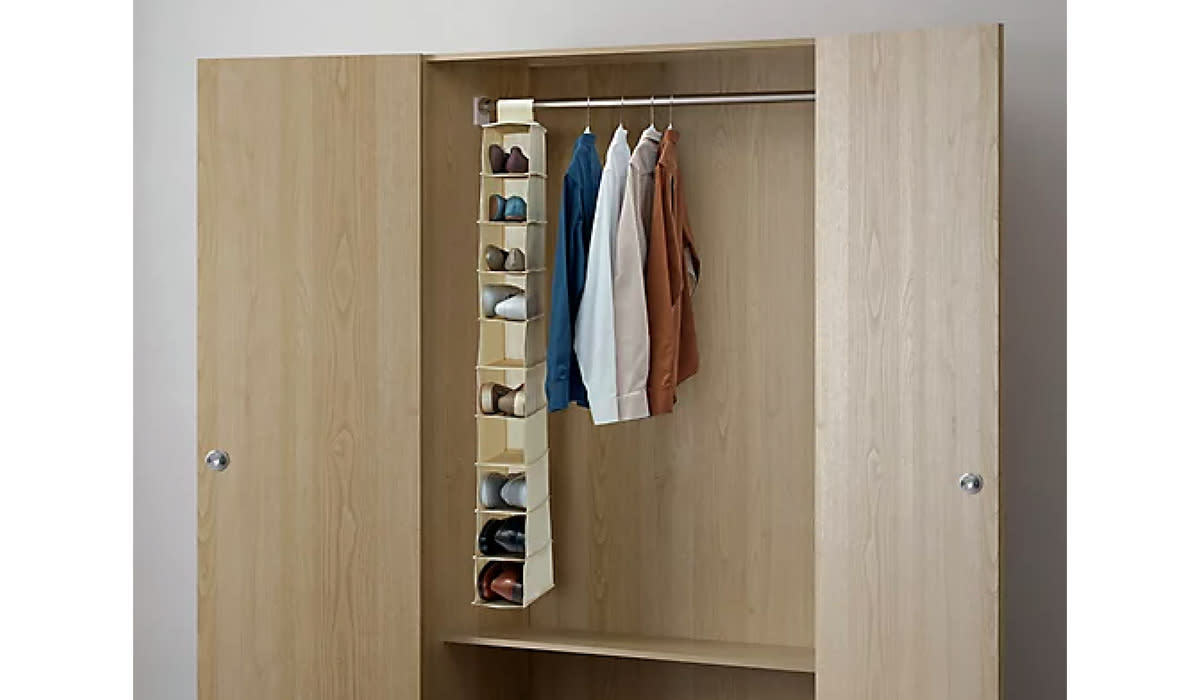 10 shelf hanging organizer with shoes hanging from closet rod