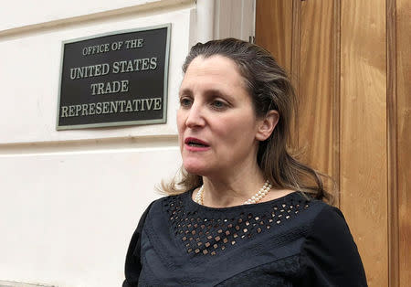 Canadian Foreign Minister Chrystia Freeland speaks with reporters after meeting with U.S. Trade Representative Robert Lighthizer to discus NAFTA autos negotiations in Washington, D.C., April 25, 2018. REUTERS/David Lawder