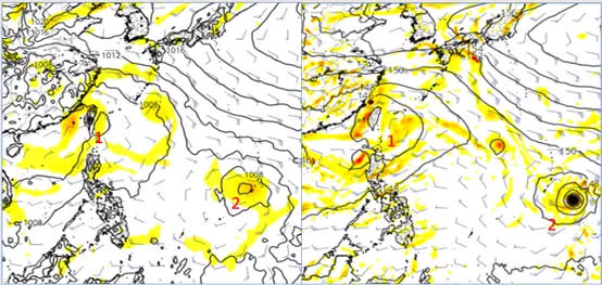 最新（5日20時）歐洲模式（ECMWF）模擬顯示，下週二（10）晚間20時在台灣附近的擾動結構鬆散，至於關島附近的則有較佳條件；另美國模式（GFS）所模擬之位置及強度不盡相同。氣象應用推廣基金會