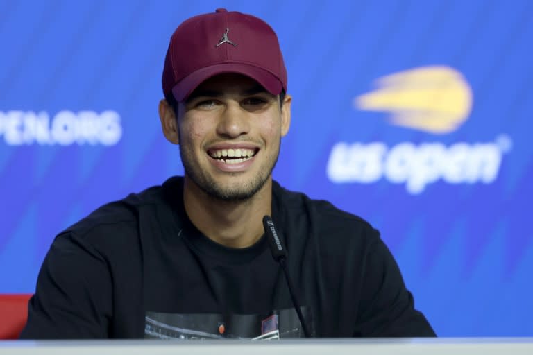 Carlos Alcaraz addresses the media on Friday ahead of defending his US Open title; the Spaniard says he is learning to live with fame after emerging as the hottest young talent in men's tennis (MATTHEW STOCKMAN)