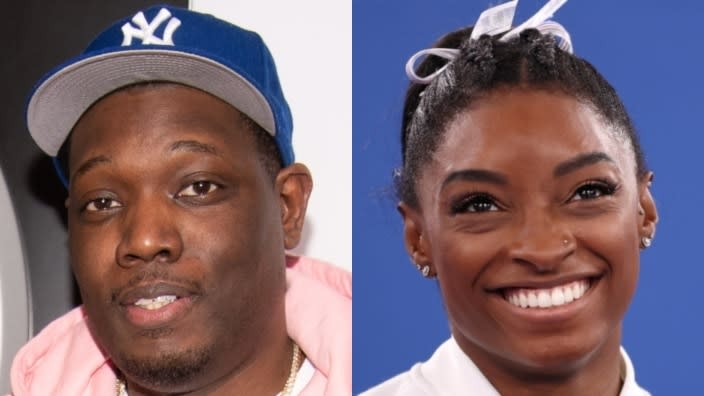 Michael Che (left) has wiped his Instagram page clean after jokes about star gymnast Simone Biles (right) on Instagram led to the “Saturday Night Live” writer’s claims of being hacked. (Photos by Dave Kotinsky/Getty Images for Mercedes-Benz and Laurence Griffiths/Getty Images)