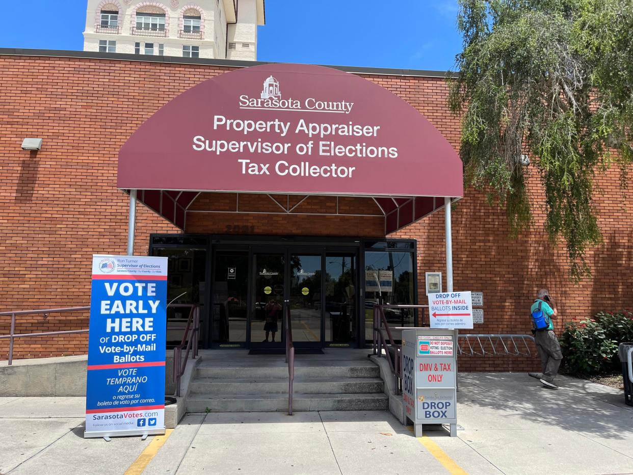 The deadline to register and be eligible to vote in the Nov. 8 election is Tuesday, Oct. 11. Pictured here, signs at the Sarasota County Supervisor of Elections Office offer guidance during the early voting period for the August 2022 primary.