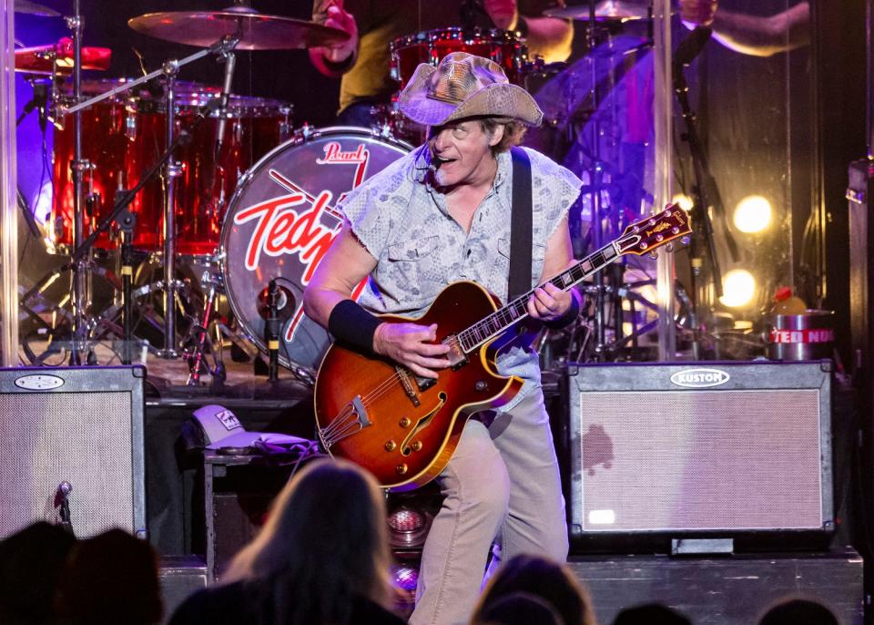 Ted Nugent performs during his Adios Mofo '23 Tour at Michigan Lottery Amphitheatre on Aug. 11, 2023, in Sterling Heights.