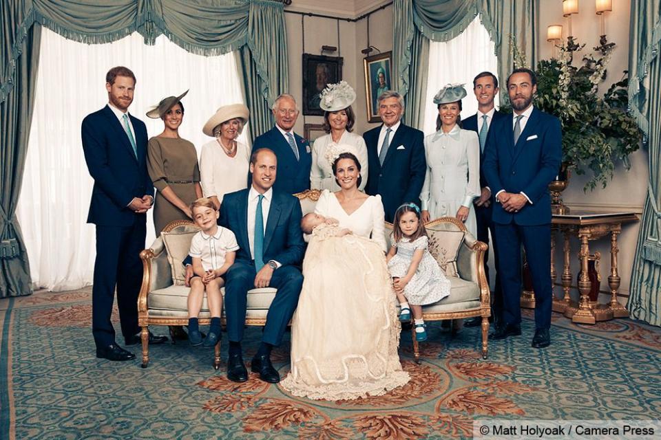 <p>Prince Louis with his mother, father, sister, and brother, and both sets of grandparents (Prince Charles and Camilla, Duchess of Cornwall and Michael and Carole Middleton) as well his Uncle Harry and Aunt Meghan, Uncle James Middleton (Kate's brother), and Aunt Pippa and her husband, James Matthews (Louis's other Uncle James).</p>