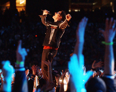 U2 lead singer Bono performs during halftime at Super Bowl XXXVI. (Getty)