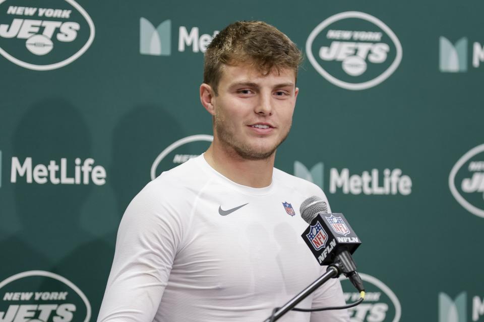 New York Jets quarterback Zach Wilson (2) speaks during a news conference after winning in overtime of an NFL football game against the New York Giants, Sunday, Oct. 29, 2023, in East Rutherford, N.J. | Adam Hunger, Associated Press