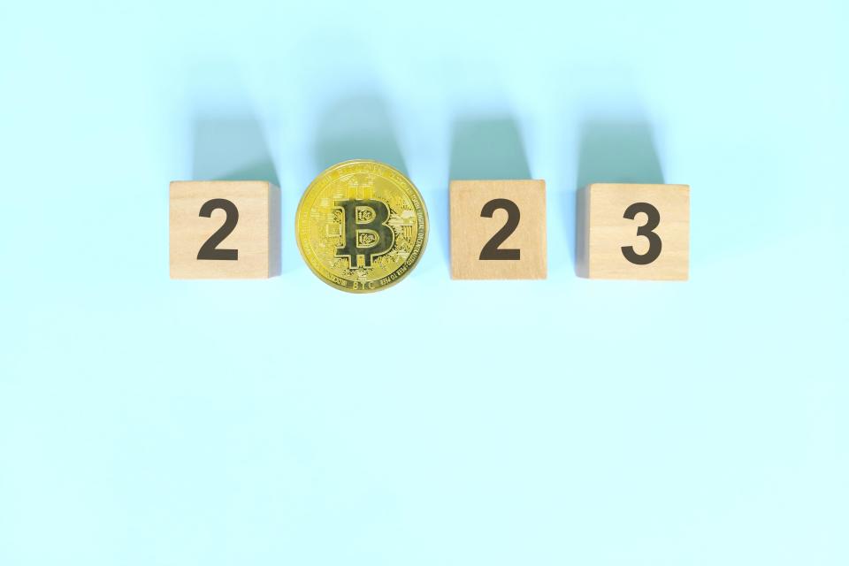 Year 2023 bitcoin and cryptocurrency market and price prediction concept. Wooden blocks in blue background.