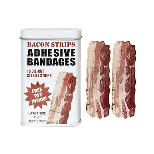 Perfect for the bacon fan who falls down a lot.   <a href="http://www.amazon.com/BACON-shaped-themed-Adhesive-Bandages/dp/B000SSV8AA/ref=sr_1_1?ie=UTF8&qid=1354634414&sr=8-1&keywords=bacon">Amazon.com</a>, <strong>$6.99</strong> 