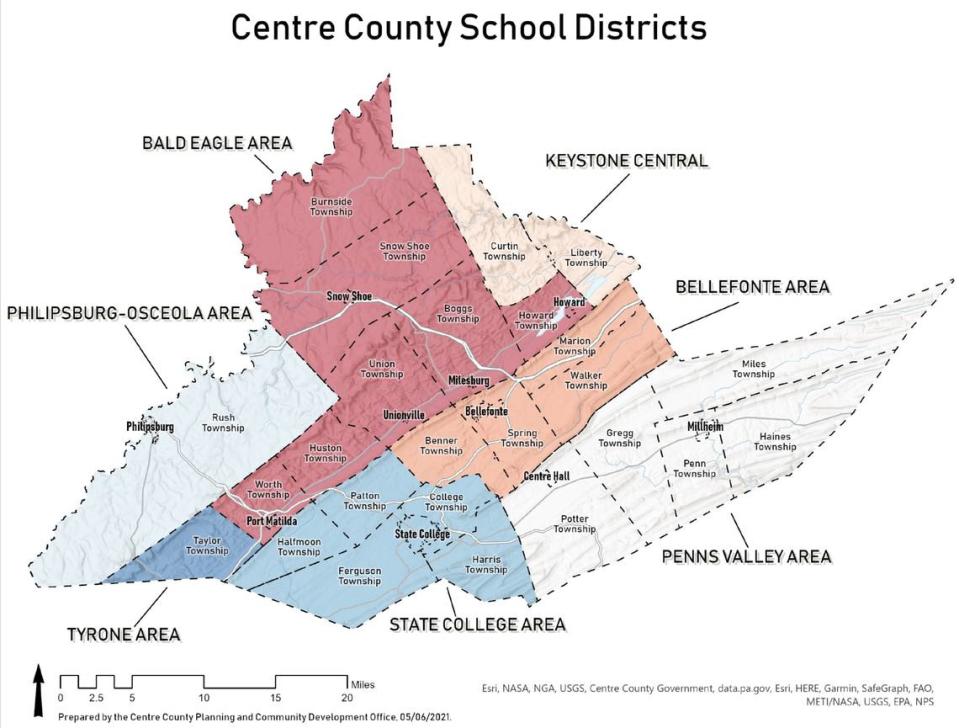 A map of the school districts in Centre County.