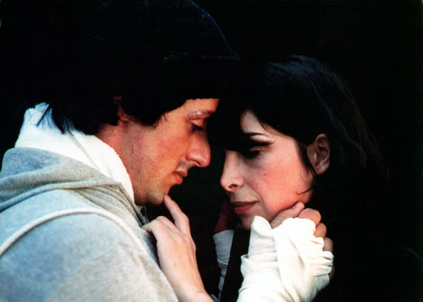 Sylvester Stallone sharing romantic moment with Talia Shire in a scene from the film ‘Rocky’, 1976. (Photo by United Artists/Getty Images)