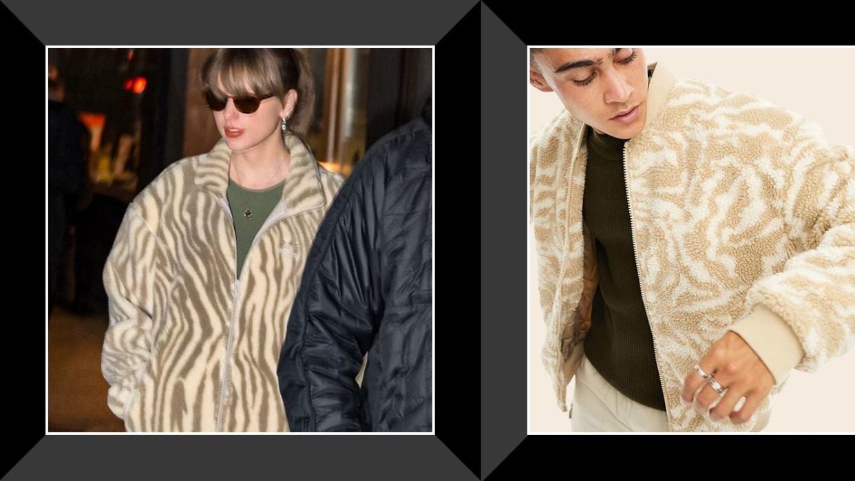 taylor swift in animal print fleece jacket