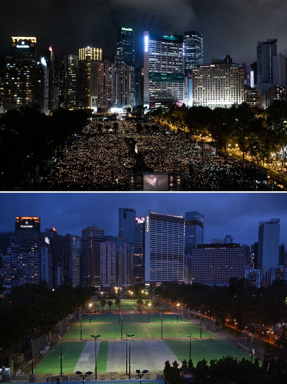 (COMBO) This combination image of two photos show a file photo (top) taken on June 4, 2019 of people attending a candlelight vigil at Victoria Park in Hong to commemorate the 30th anniversary of the 1989 Tiananmen crackdown in Beijing, and (bottom) of a deserted Victoria Park on June 4, 2022, the 33rd anniversary of the event. - Vigils in 2020 and 2021 commemorating the crackdown were banned on public health grounds because of the COVID-19 coronavirus pandemic. Hong Kong authorities strove to stop any public commemoration of the 33rd anniversary of the Tiananmen crackdown, with police warning gatherings could break the law as China vies to remove all reminders of the deadly event. (Photo by Philip FONG and Peter PARKS / AFP) (Photo by PHILIP FONG,PETER PARKS/AFP via Getty Images)