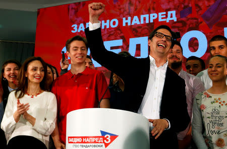 Presidential candidate of the ruling SDSM Stevo Pendarovski celebrates after preliminary results during the presidential election in Skopje, North Macedonia May 5, 2019. REUTERS/Ognen Teofilovski