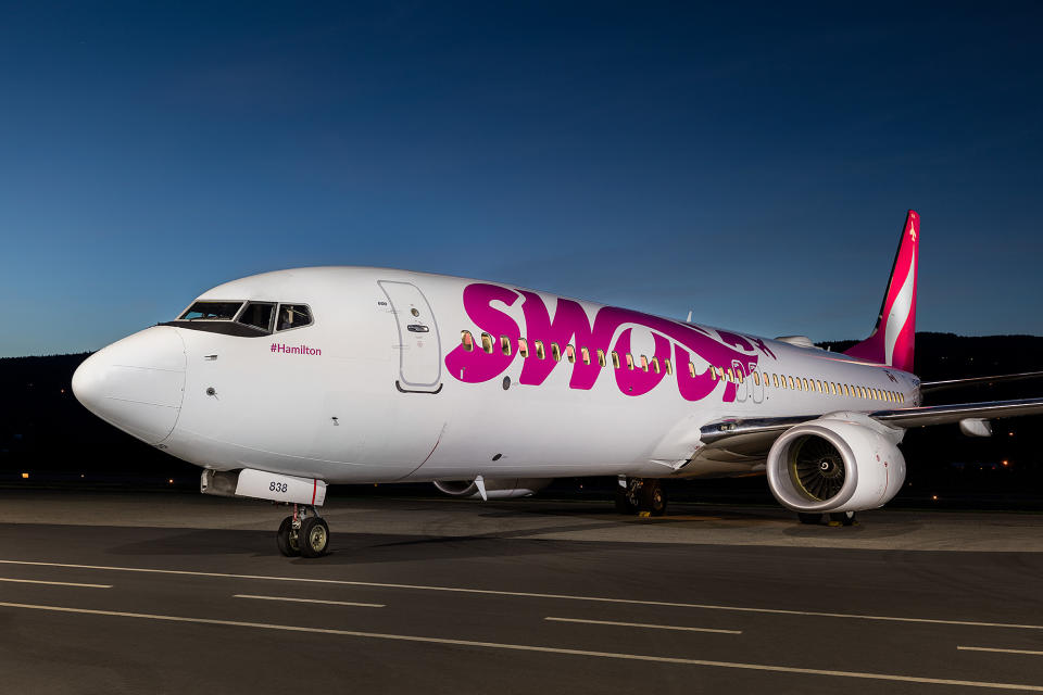 The Swoop logo is seen on the side of a plane. (Supplied)