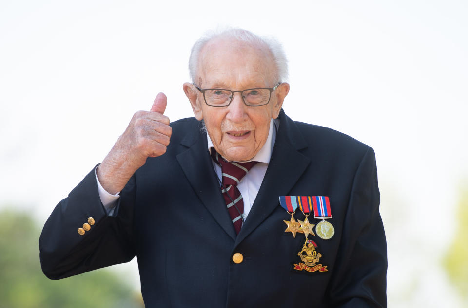 99-year-old war veteran Captain Tom Moore at his home in Marston Moretaine, Bedfordshire, after he achieved his goal of 100 laps of his garden - raising more than 12 million pounds for the NHS. (Photo by Joe Giddens/PA Images via Getty Images)