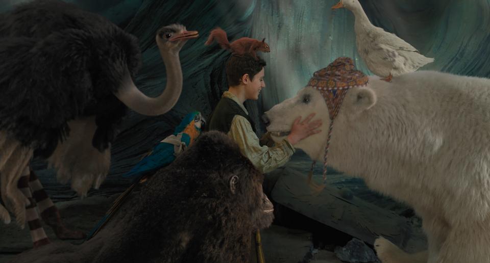 Tommy Stubbins (Harry Collett) makes friends with ostrich Plimpton (voiced by Kumail Nanjiani), squirrel Kevin (Craig Robinson), polar bear Yoshi (John Cena), duck Dab-Dab (Octavia Spencer), gorilla Chee-Chee (Rami Malek) and parrot Polynesia (Emma Thompson) in "Dolittle."