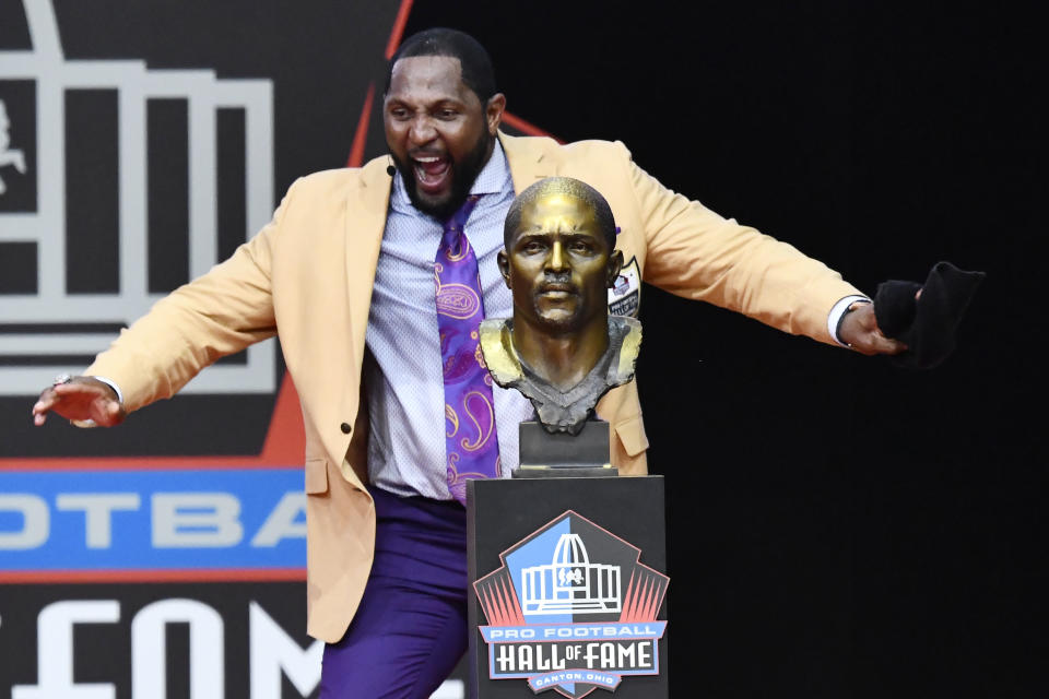 Former Ravens linebacker Ray Lewis gave an impassioned, rambling Hall of Fame speech on Saturday that left his jacket soaked in sweat when it was over. (AP)