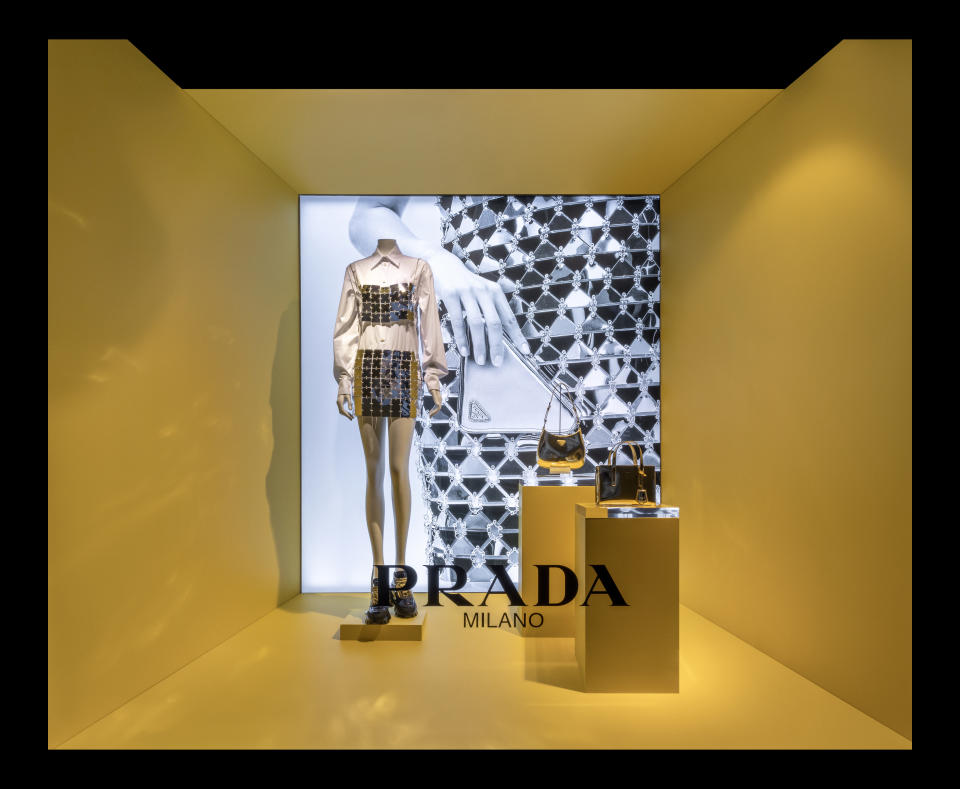 One of the center six windows featuring Prada’s holiday collection.